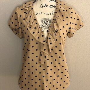 Moschino Cheap & Chic Short Sleeve Polka Dot Blouse w/ Ruffled V Neck Collar.
